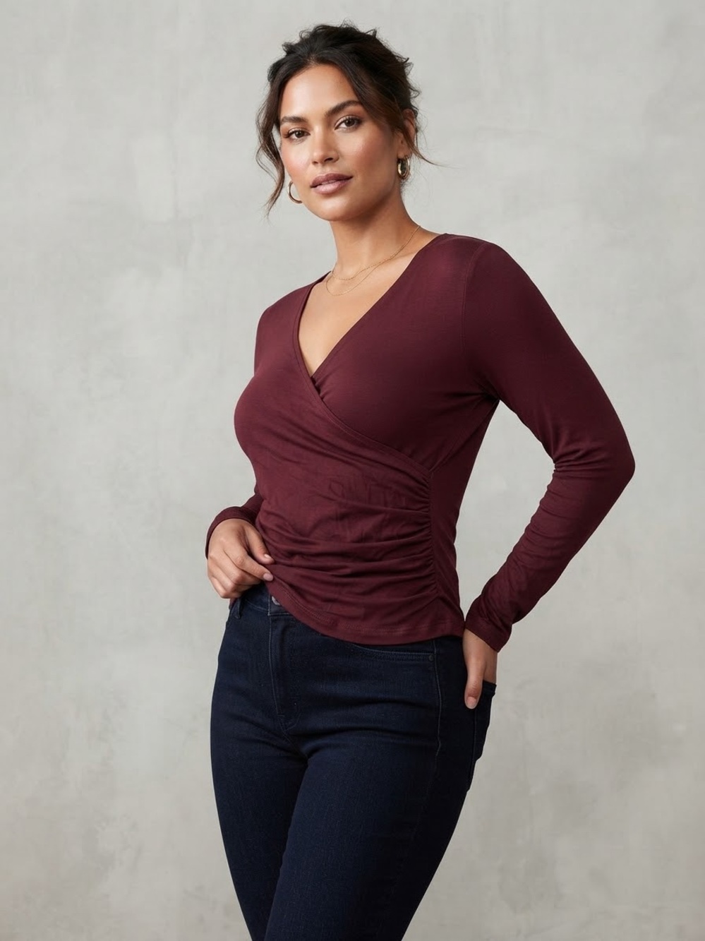 OGL Women's Wrap-Front Long Sleeve Top - Burgundy